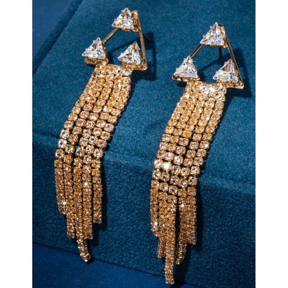 Triangle shaped gold rhinestone tassel earrings